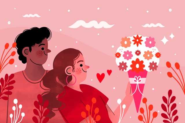 5 Healthy Dating Practices for Building Meaningful Connections 3 This cartoon illustration depicts a happy couple. One person is presenting a bouquet of flowers to the other, who is smiling. This act of giving and receiving can symbolize affection and thoughtfulness, representing healthy dating practices.