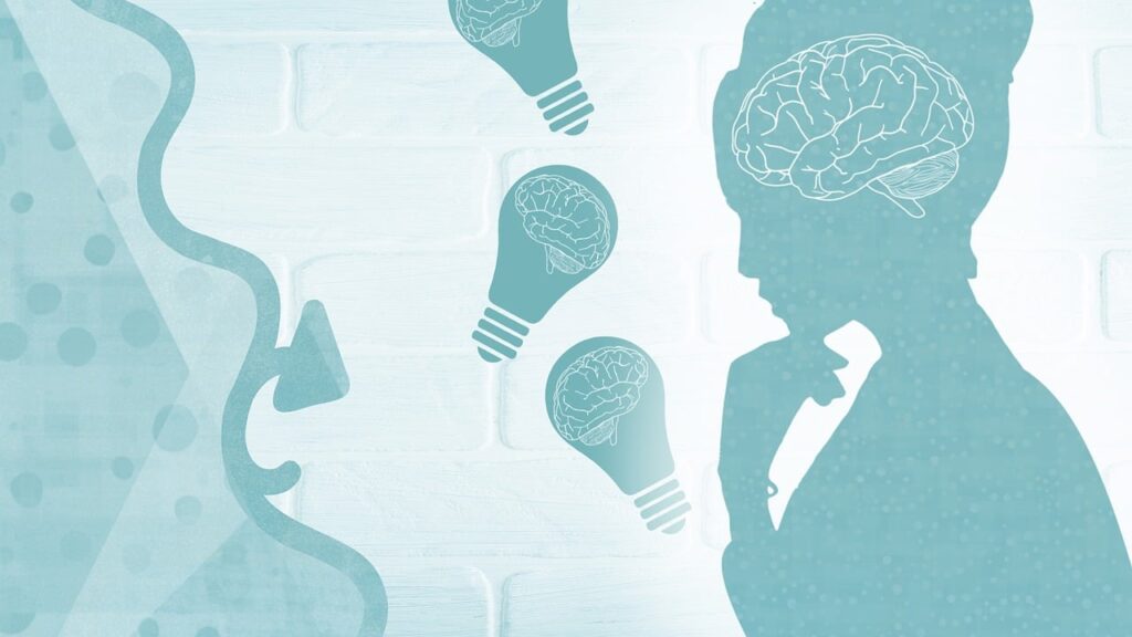 Self-Care for Mental Health: 10 Powerful Ways to Prioritize Your Well-Being 2 Abstact illustration representing brain health and mental clarity, featuring a silhouette of a person in formal attire with a visible brain outline, surrounded by light bulbs