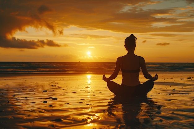12 Fun and Creative Stress Reduction Techniques for a Balanced Life 4 Beach sunset yoga meditation with silhouette of young woman Premium AI generated image